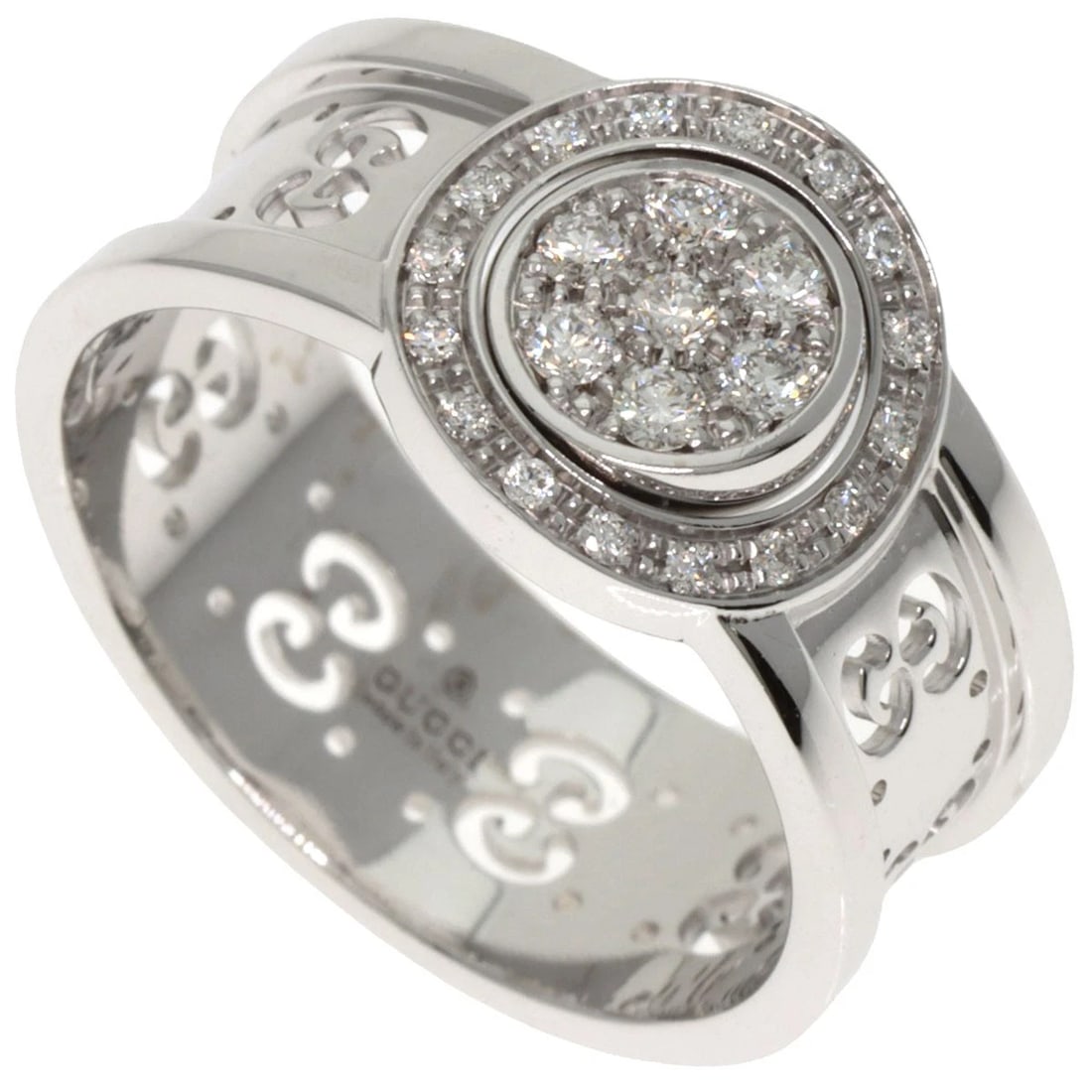 GUCCI ICON TOILE PAVÉ DIAMOND RING K18 WHITE GOLD: GUCCI Icon Toile Pavé Diamond Ring K18 White Gold Brand: GUCCI Type: Ring Material: K18 White Gold Main Stone Natural Color: Silver Size: 5.25(US) Accessories: None Accessories Notice: When