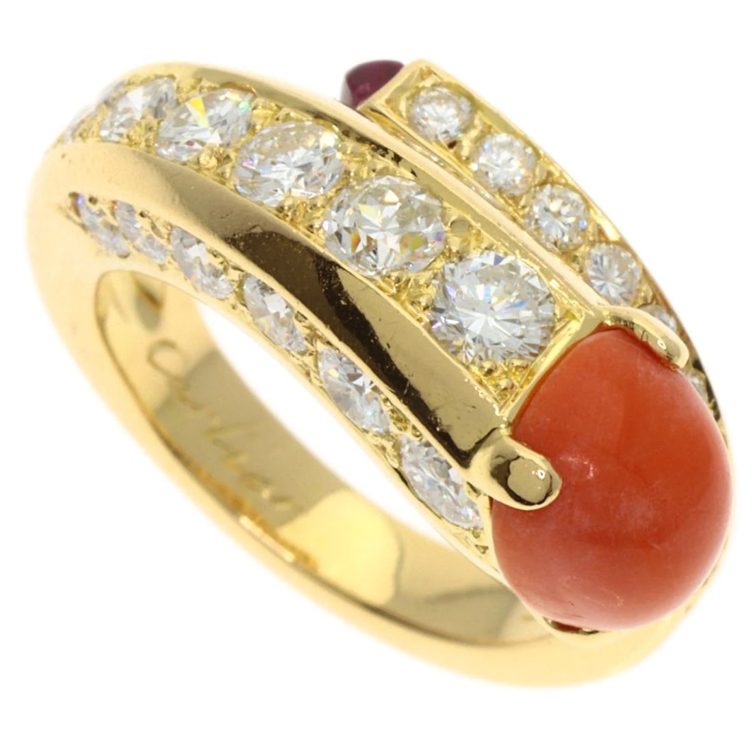 CARTIER VINTAGE CORAL DIAMOND RUBY RING K18 YELLOW GOLD: CARTIER Vintage Coral Diamond Ruby Ring K18 Yellow Gold Brand: CARTIER Type: Ring Material: K18 Yellow Gold Main Stone Natural Color: Gold Size: 5(US) Accessories: None Accessories Notice: