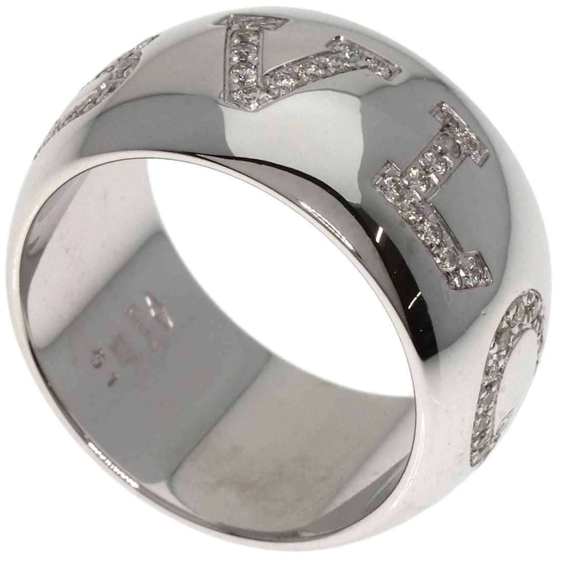 BVLGARI MONOLOGO DIAMOND RING K18 WHITE GOLD: BVLGARI Monologo Diamond Ring K18 White Gold Brand: BVLGARI Type: Ring Material: K18 White Gold Main Stone Natural Color: Silver Size: 5.75(US) Accessories: None Accessories Notice: When pu