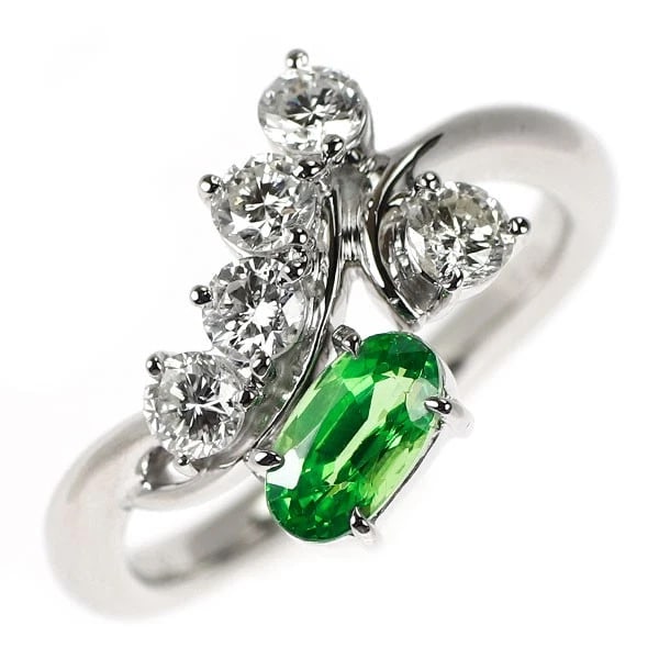 PT900 GREEN GARNET DIAMOND RING: Pt900 green garnet diamond ring Brand: None Type: rings Material: Pt900 Main Stone garnet Color: None Size: 6.25 - 6.5 US Accessories: None Accessories Notice: When purchasing pre-owned