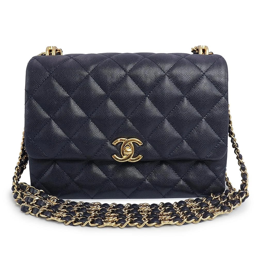 CHANEL MATELASSÉ COCO MARK SHOULDER BAG: CHANEL Matelassé Coco Mark Shoulder Bag Brand: CHANEL Type: Handbag Material: Caviar Skin Color: Dark Navy Size: W:22.5cm x H:17cm x D:8cm Shoulder:72cm Accessories: None Accessories Notice: