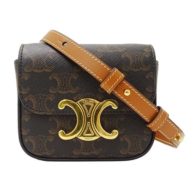 CELINE TRIOMPHE SHOULDER BAG DARK BROWN MINI COMPACT LOGO: Celine Triomphe Shoulder Bag Dark Brown Mini Compact Logo Brand: Celine Type: Handbag Material: Pvc Color: Dark Brown Size: W: 11cm / H: 10cm (side) / D: 4cm (side) / Shoulder: 122cm (longest)