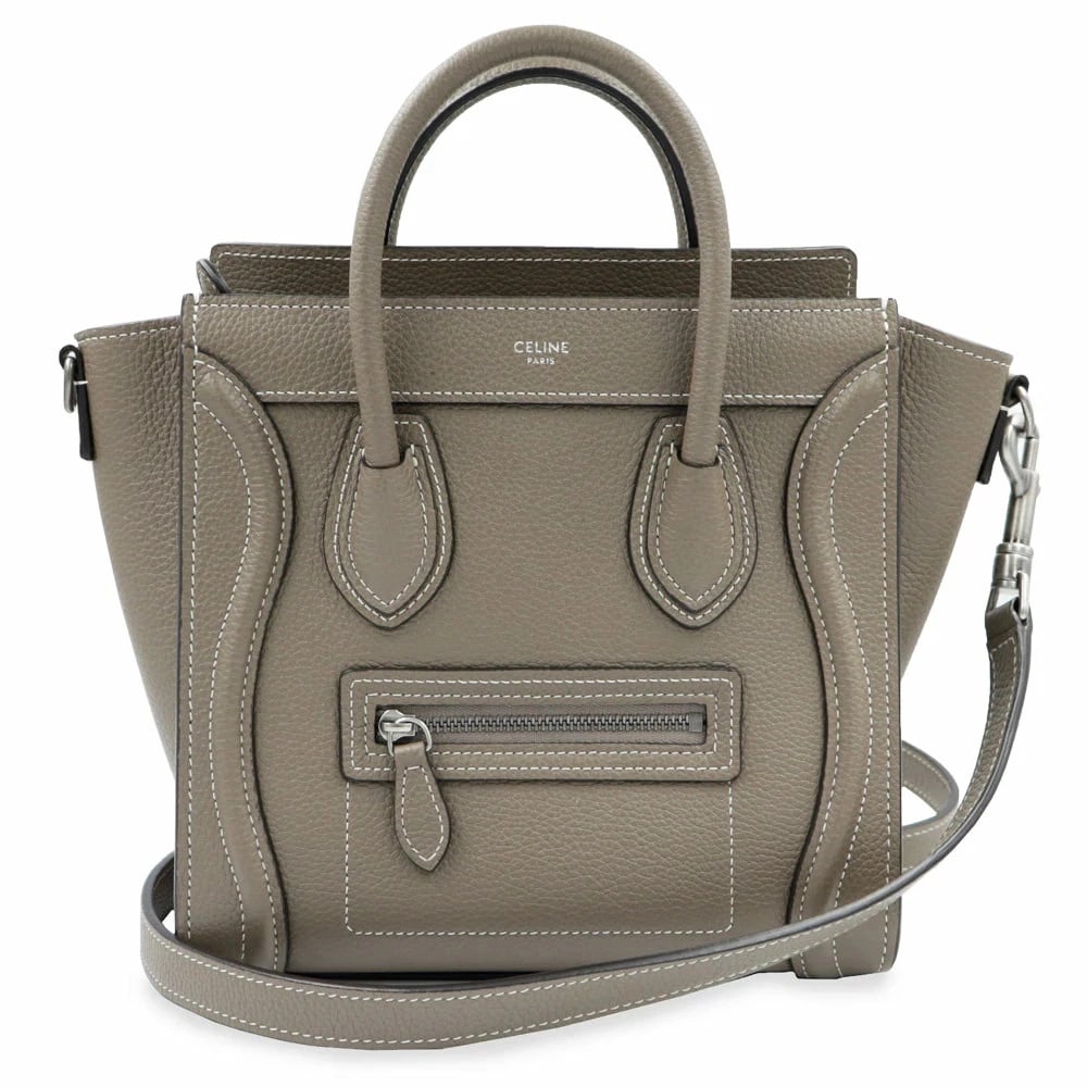 CELINE LUGGAGE NANO SHOPPER IN DRUMMED CALFSKIN: CELINE Luggage Nano Shopper in Drummed Calfskin Brand: CELINE Type: Handbag Material: Drummed Calf Color: Suri (Greige) Size: W: 27cm x 20cm x H: 21cm x D: 10cm Handle: 29cm Accessories: None