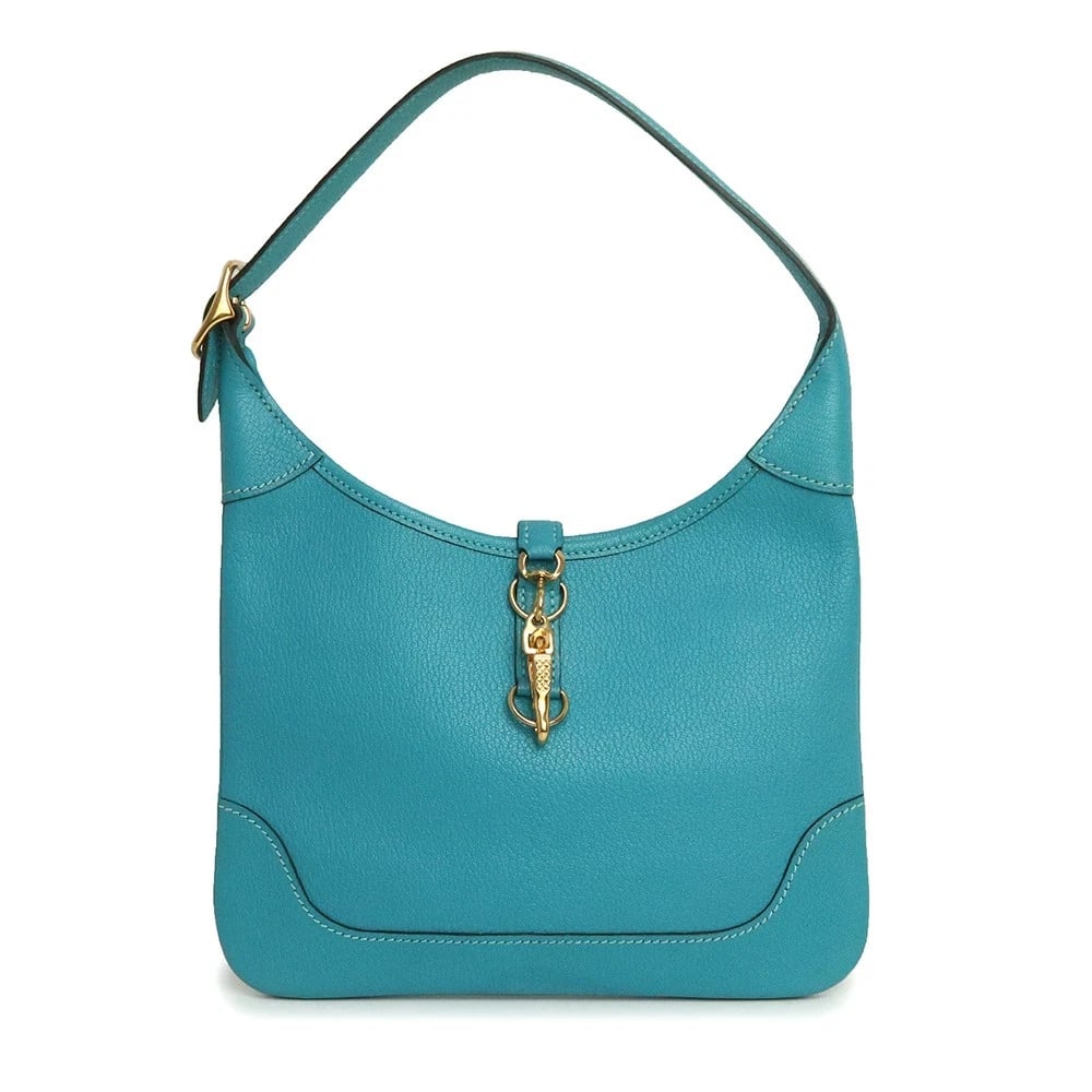 HERMES TRIM 24 ONE SHOULDER BAG CHEVRE TURQUOISE: HERMES Trim 24 One Shoulder Bag Chevre Turquoise Brand: HERMES Type: Handbag Material: Chevre Color: Turquoise Size: W:24cm x H:19cm x D:1cm Shoulder strap: 40cm Accessories: None Accessories