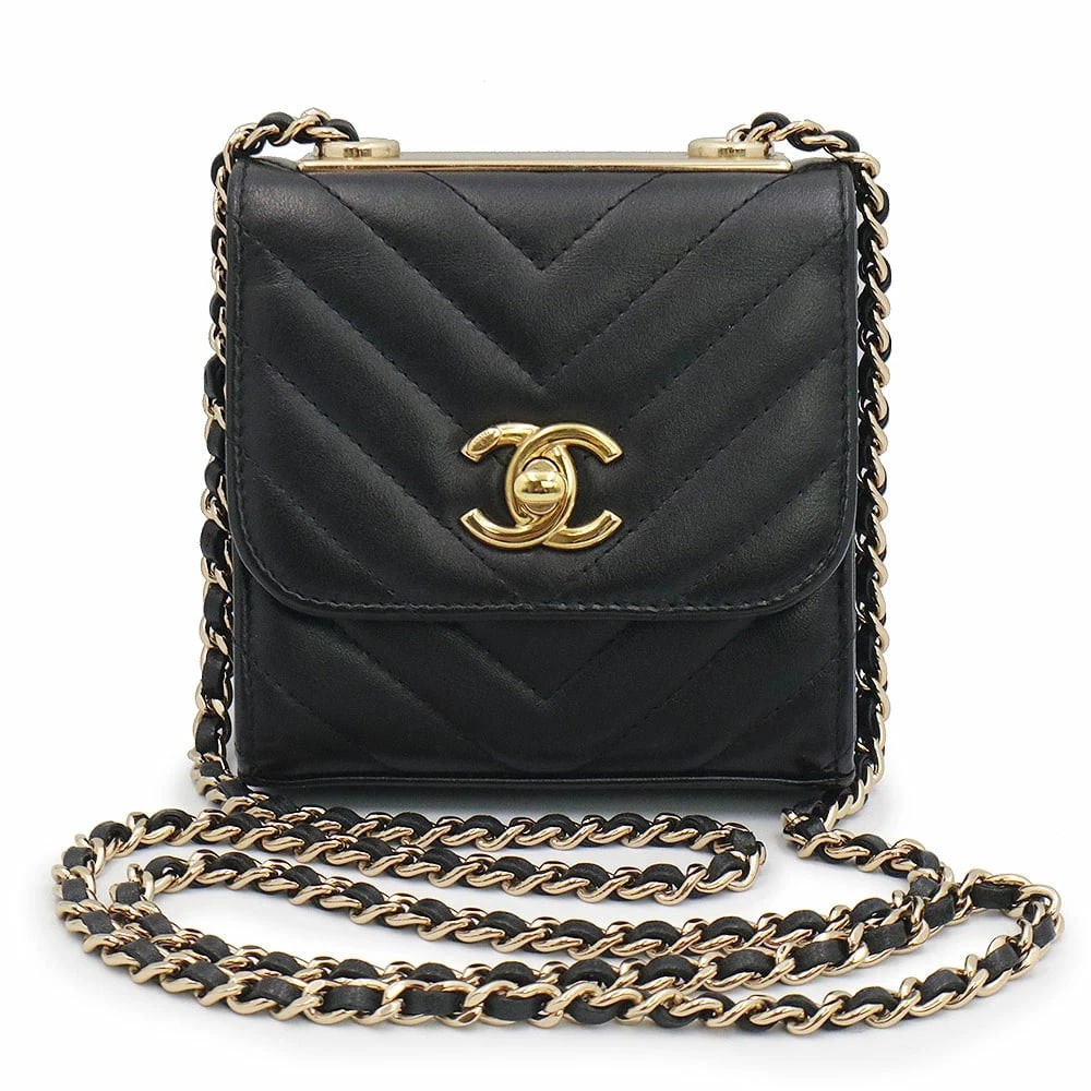 CHANEL CHEVRON V-STITCH MINI CLUTCH SHOULDER BAG: CHANEL Chevron V-Stitch Mini Clutch Shoulder Bag Brand: CHANEL Type: Handbag Material: Lambskin (Sheepskin) Color: Black Size: W:11cm x H:11cm x D:4cm Shoulder strap: 120cm Accessories: None
