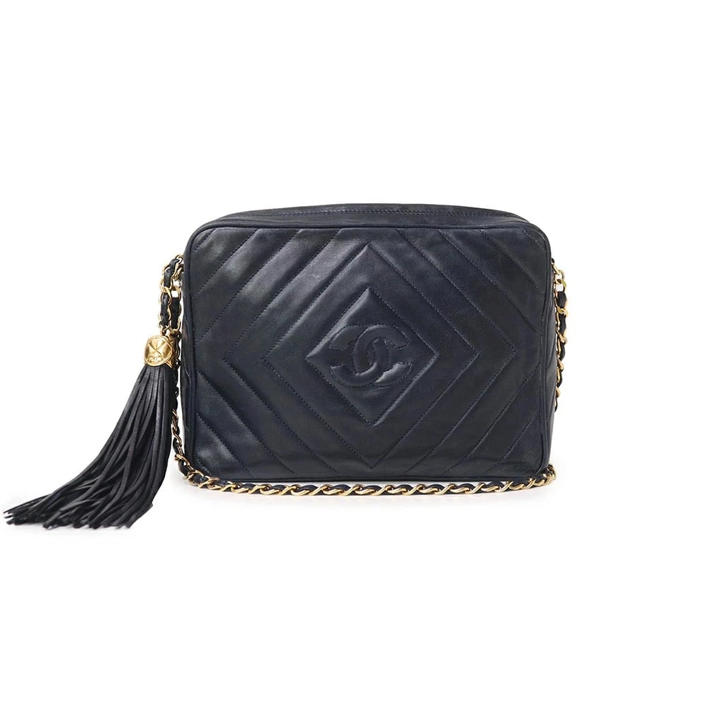 CHANEL COCO MARK DIAMOND STITCH TASSEL FRINGE SHOULDER BAG: CHANEL Coco Mark Diamond Stitch Tassel Fringe Shoulder Bag Brand: CHANEL Type: Handbag Material: Lambskin (Sheepskin) Color: Navy Size: W:23cm x H:16cm x D:6cm Shoulder strap: 112cm 