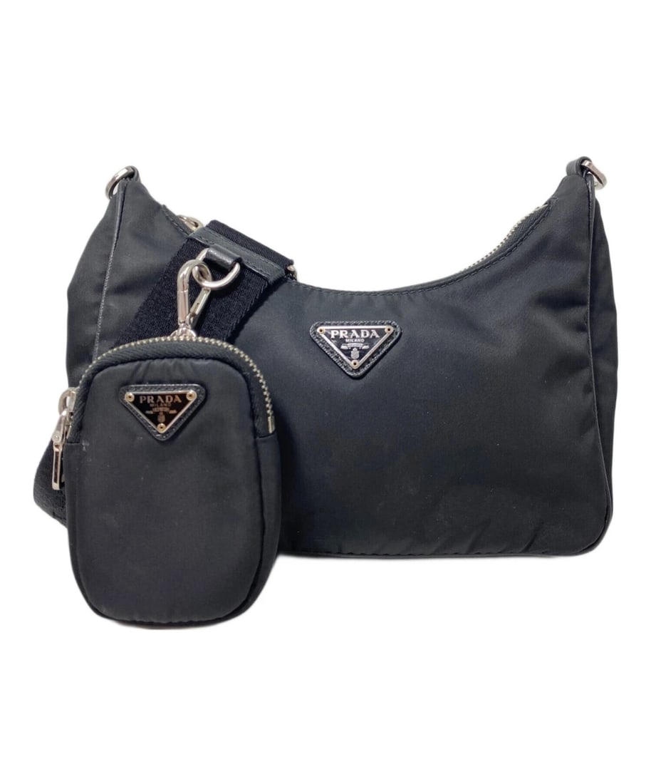 PRADA TRIANGLE LOGO PLATE NYLON SHOULDER BAG: PRADA Triangle Logo Plate Nylon Shoulder Bag Brand: PRADA Type: Handbag Material: Nylon Color: Black Size: H:16cm / W:21cm / D:6cm Accessories: None Accessories Notice: When purchasing pre