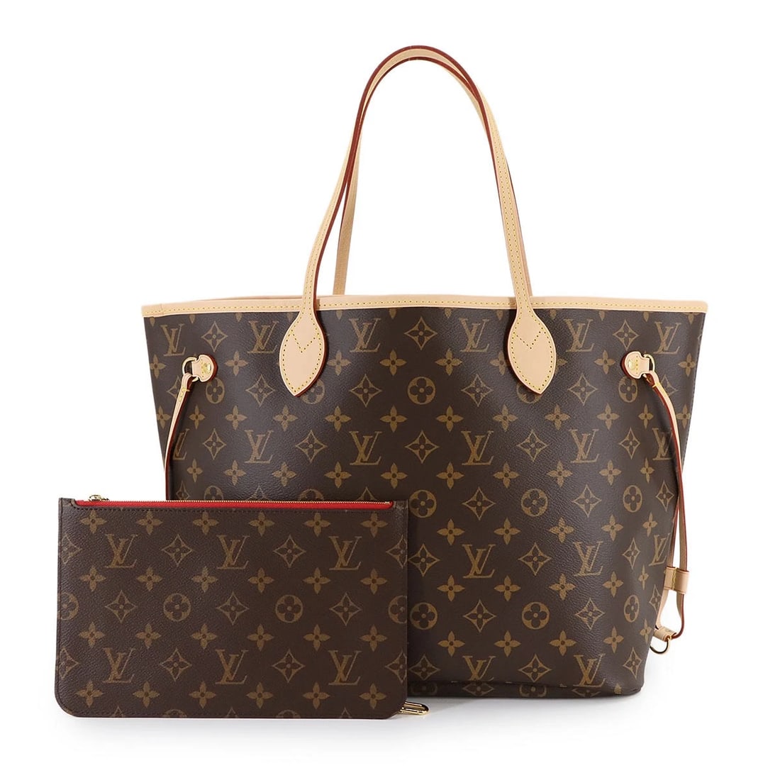 LOUIS VUITTON MONOGRAM NEVERFULL MM TOTE BAG BROWN: LOUIS VUITTON Monogram Neverfull MM Tote Bag Brown Brand: LOUIS VUITTON Type: Tote Bag Material: Mongoram Canvas Color: Mongoram , Cerise Size: W 12.40 inch, H 11.42 inch, D 6.30 inch Handle 18.9i