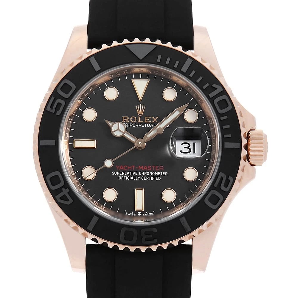 ROLEX YACHT MASTER BLACK WATCH: ROLEX Yacht master black Watch Brand: ROLEX Type: Wrist watch Material: Band Material rubber, Case Material Everose Gold Color: Dial Color Black Size: Band Size 18.5cm (7.3inch), Case Size