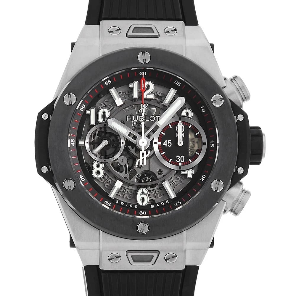 HUBLOT BIG BANG UNICO TITANIUM CERAMIC WATCH: HUBLOT Big Bang Unico Titanium CeramicWatch Brand: HUBLOT Type: Wrist watch Material: Band Material rubber, Case Material Titanium Color: Dial Color Skeleton Size: Band Size None, Case Size