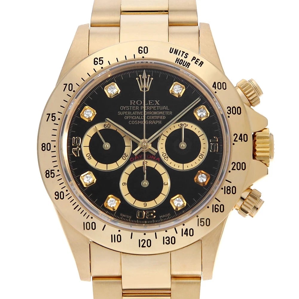 ROLEX COSMOGRAPH DAYTONA DIAMOND BLACK DIAL S WATCH: ROLEX Cosmograph Daytona diamond black dial SWatch Brand: ROLEX Type: Wrist watch Material: Band Material Yellow Gold, Case Material Yellow Gold Color: Dial Color Black Size: Band Size 18cm