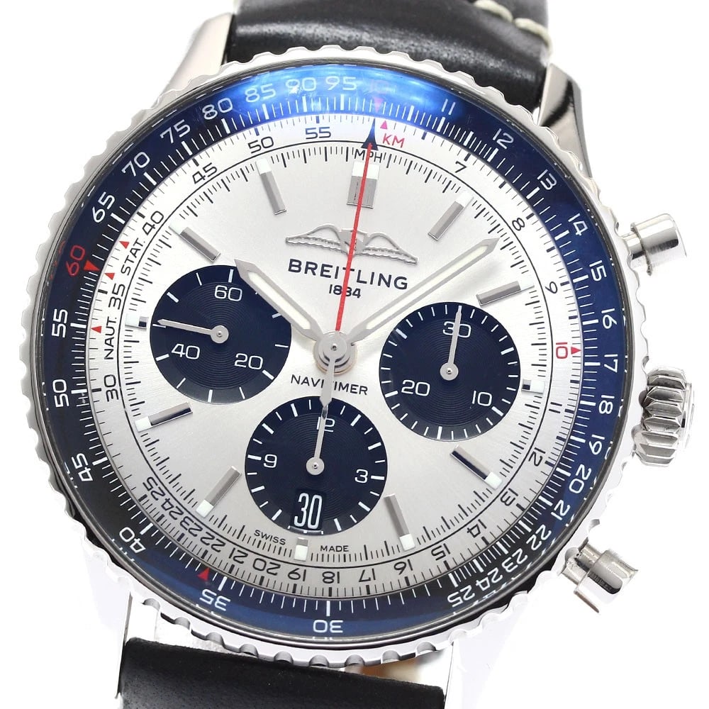 BREITLING NAVITIMER CHRONOGRAPH SILVER DIAL AUTOMATIC WATCH: BREITLING Navitimer Chronograph Silver Dial Automatic Watch Brand: BREITLING Type: Wristwatch Material: Band Material leather, Case Material Stainless Steel Color: Band Color black, Case Color