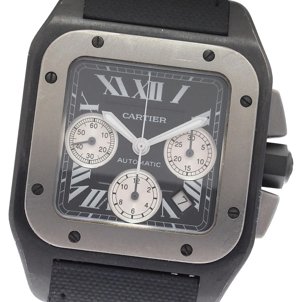 CARTIER SANTOS CHRONOGRAPH AUTOMATIC WATCH: CARTIER Santos Chronograph Automatic Watch Brand: CARTIER Type: Wristwatch Material: Band Material leather, Case Material Titanium / Stainless Steel Color: Band Color black, Case Color gray, Dial C