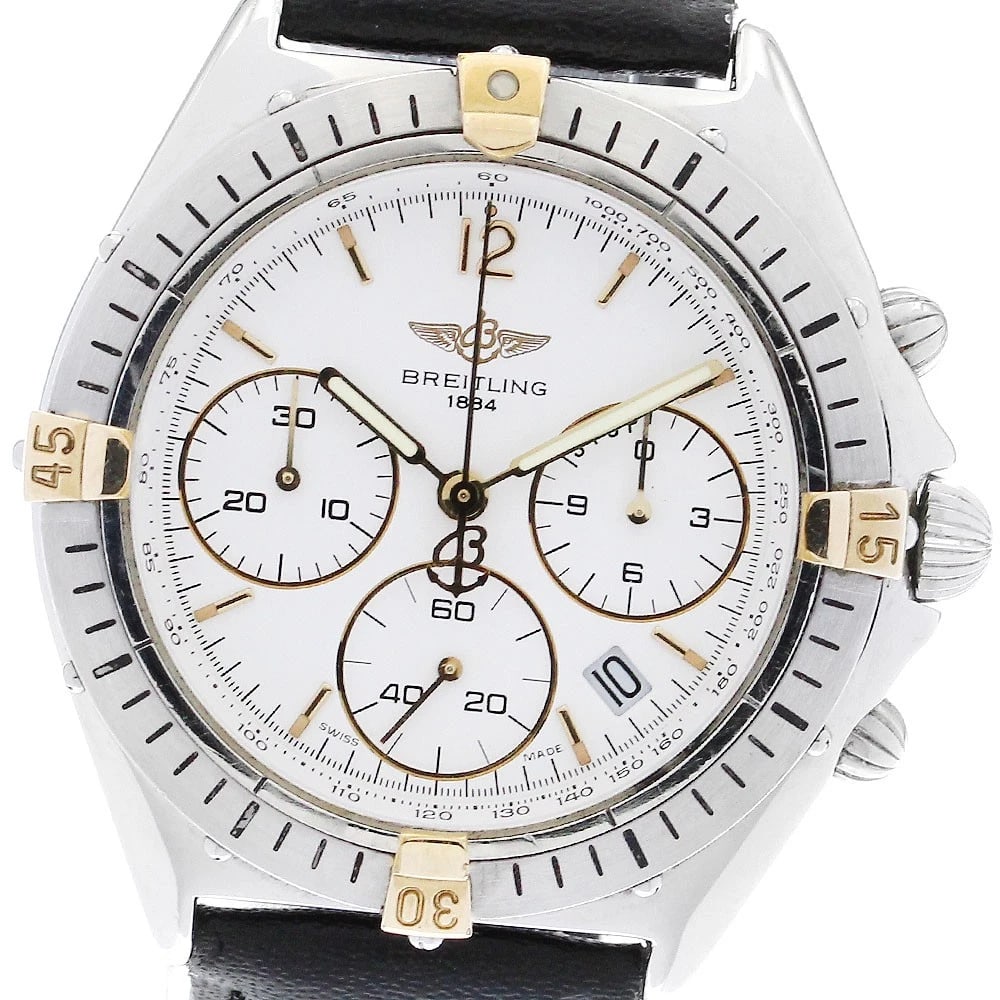 BREITLING WHITE DIAL QUARTZ WATCH: BREITLING white Dial Quartz Watch Brand: BREITLING Type: Wristwatch Material: Band Material leather, Case Material Stainless Steel/YG Color: Band Color black, Case Color Silver / Gold, Dial