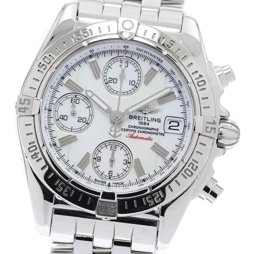 BREITLING WHITE DIAL AUTOMATIC WATCH: BREITLING white Dial Automatic Watch Brand: BREITLING Type: Wristwatch Material: Band Material Stainless Steel, Case Material Stainless Steel Color: Band Color Silver, Case Color Silver, Dial
