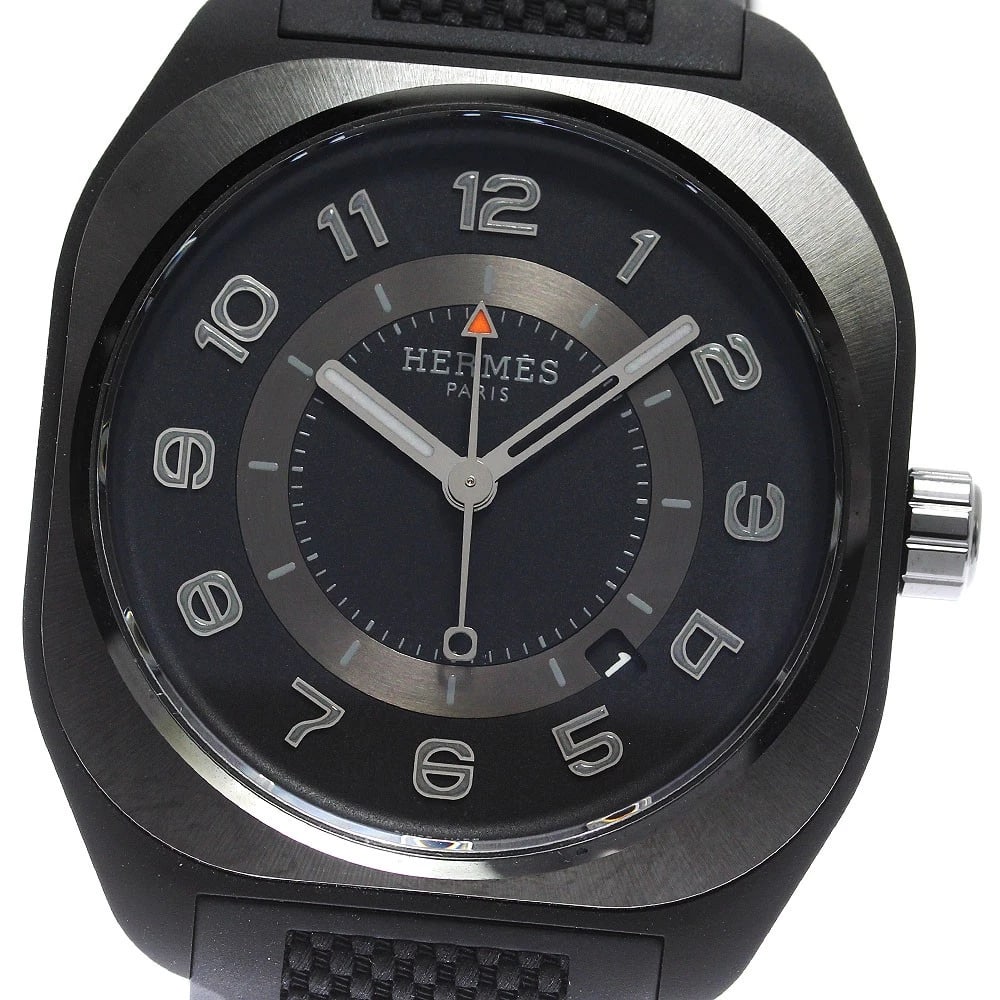 HERMES BLACK DIAL AUTOMATIC WATCH: HERMES black Dial Automatic Watch Brand: HERMES Type: Wristwatch Material: Band Material Rubber / Titanium, Case Material Titanium Color: Band Color black, Case Color black, Dial Color black 