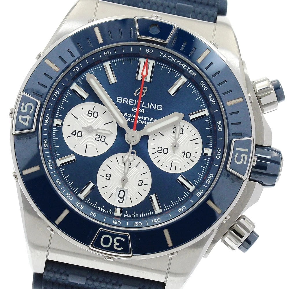 BREITLING SUPER CHRONOMAT NAVY DIAL AUTOMATIC WATCH: BREITLING Super Chronomat Navy Dial Automatic Watch Brand: BREITLING Type: Wristwatch Material: Band Material rubber, Case Material Stainless Steel Color: Band Color Navy, Case Color Silver, Dial C