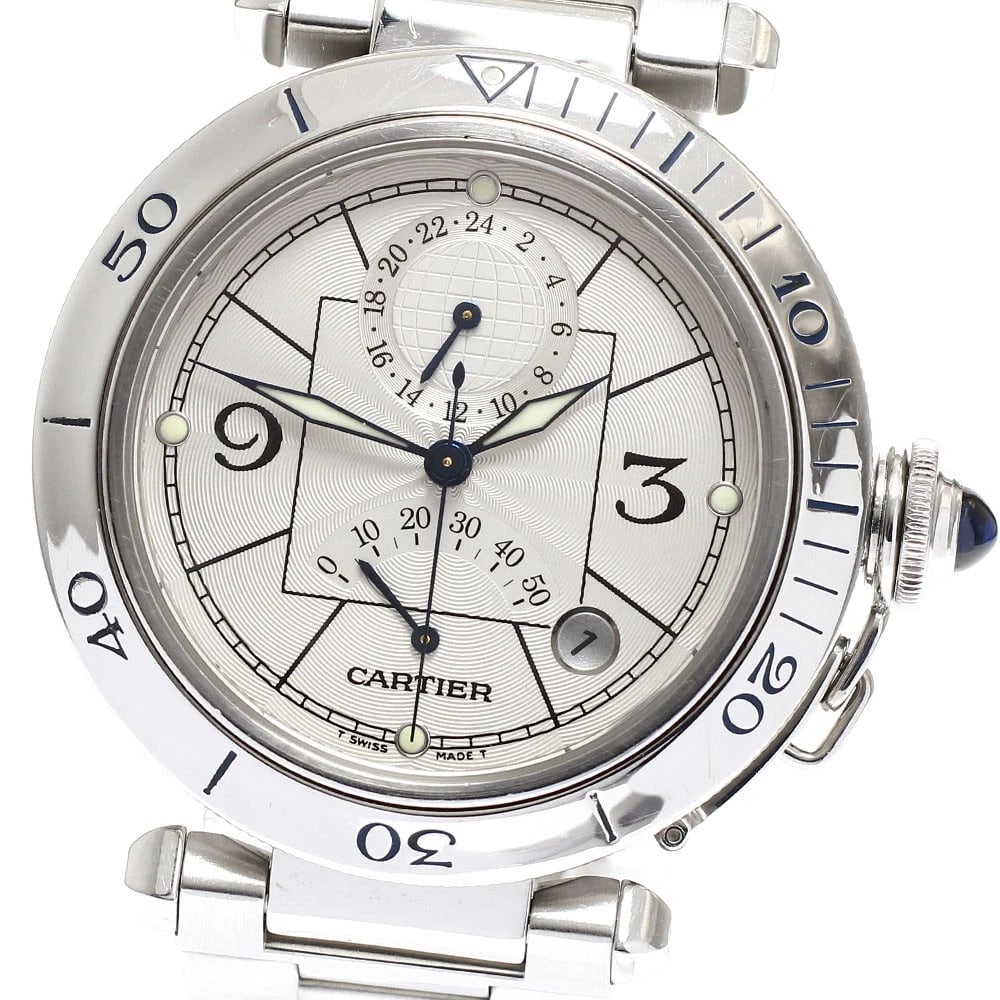 CARTIER PASHA GMT WATCH: CARTIER Pasha GMT Watch Brand: CARTIER Type: Wristwatch Material: Band Material Stainless Steel, Case Material Stainless Steel Color: Band Color Silver, Case Color Silver, Dial Color Silver 