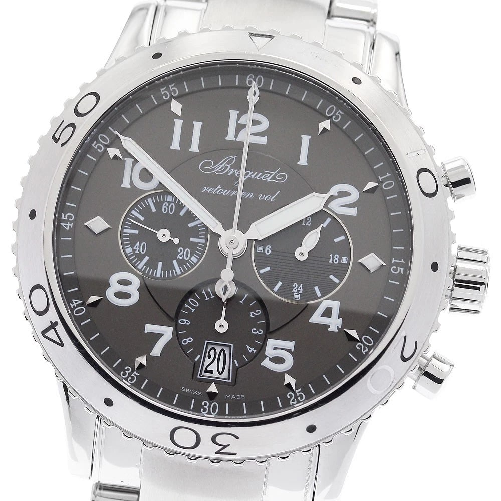 BREGUET CHRONOGRAPH AUTOMATIC WATCH: Breguet Chronograph Automatic Watch Brand: Breguet Type: Wristwatch Material: Band Material Stainless Steel, Case Material Stainless Steel Color: Band Color Silver, Case Color Silver, Dial Color gr