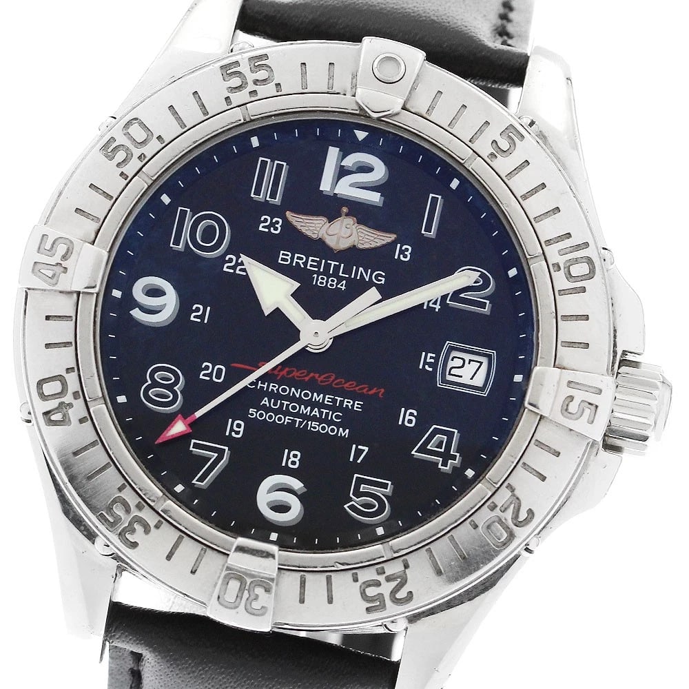 BREITLING SUPER OCEAN BLACK DIAL AUTOMATIC WATCH: BREITLING Super Ocean Black Dial Automatic Watch Brand: BREITLING Type: Wristwatch Material: Band Material leather, Case Material Stainless Steel Color: Band Color black, Case Color Silver,