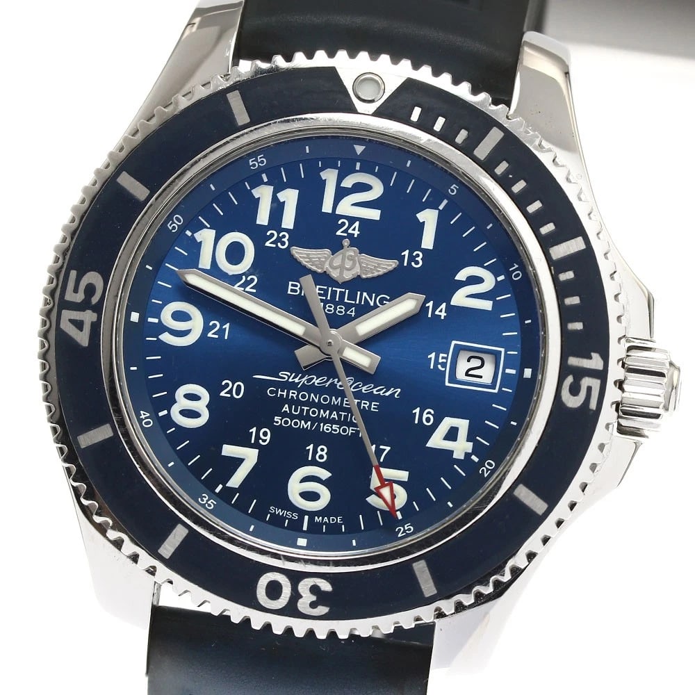 BREITLING SUPER BLUE DIAL AUTOMATIC WATCH: BREITLING Super blue Dial Automatic Watch Brand: BREITLING Type: Wristwatch Material: Band Material rubber, Case Material Stainless Steel Color: Band Color Navy, Case Color Silver, Dial Color