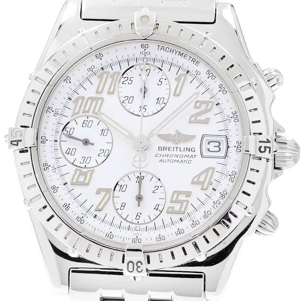 BREITLING CHRONOMAT DATE CHRONOGRAPH WHITE DIAL AUTOMATIC: BREITLING Chronomat Date Chronograph white Dial Automatic Brand: BREITLING Type: Wristwatch Material: Band Material Stainless Steel, Case Material Stainless Steel Color: Band Color Silver, Case Col