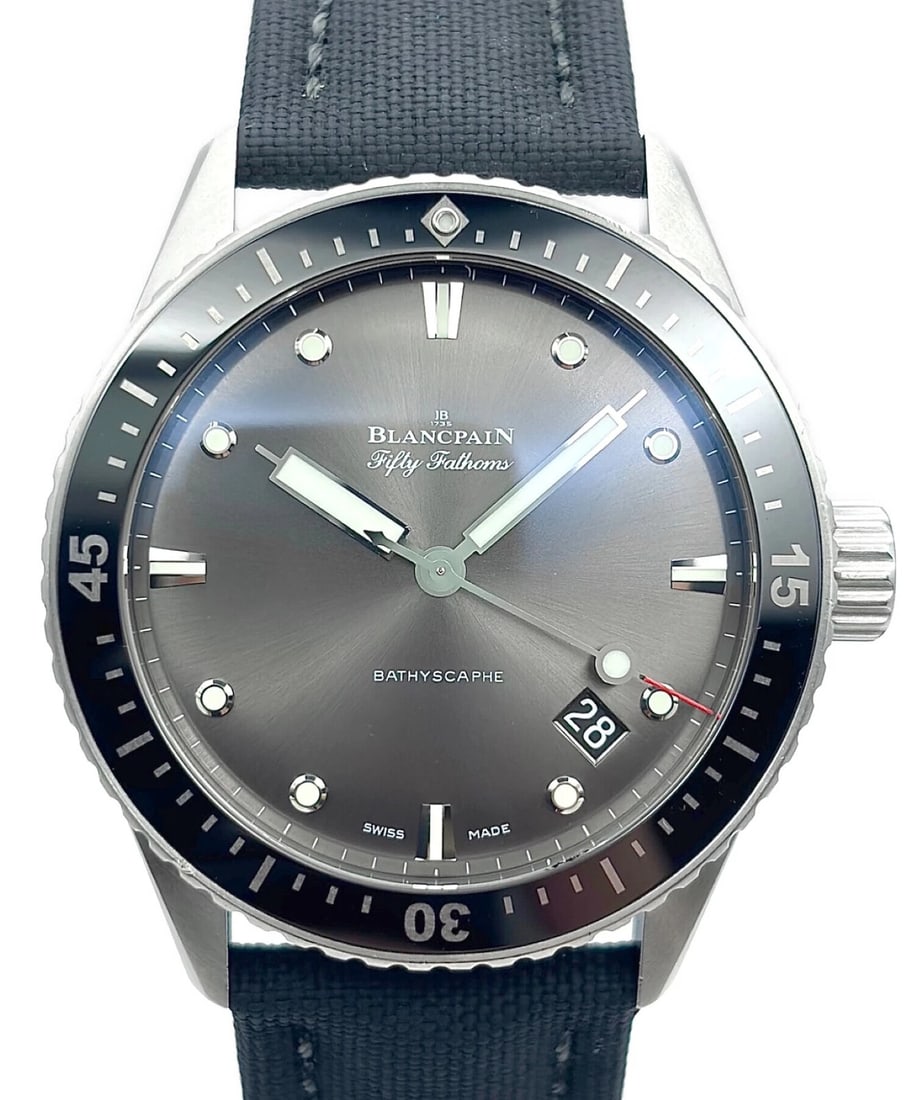 BLANCPAIN BATHYSCAPHE FIFTY FATHOMS WATCH: BLANCPAIN Bathyscaphe Fifty Fathoms Watch Brand: BLANCPAIN Type: Wrist watch Material: Band Material Sail Canvas, Case Material SS /SS Color: Dial Color Black Dial/Black Dial Size: Case size