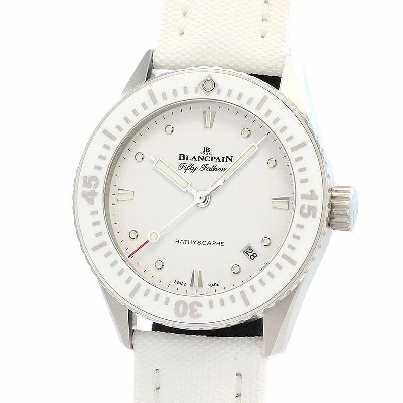 BLANCPAIN FIFTY FATHOMS BATHYSCAPHE WATCH: Blancpain Fifty Fathoms Bathyscaphe Watch Brand: BLANCPAIN Type: Wrist watch Material: Band Material New canvas belt/SS buckle, Case Material Stainless Steel Color: Dial Color White Size: Case