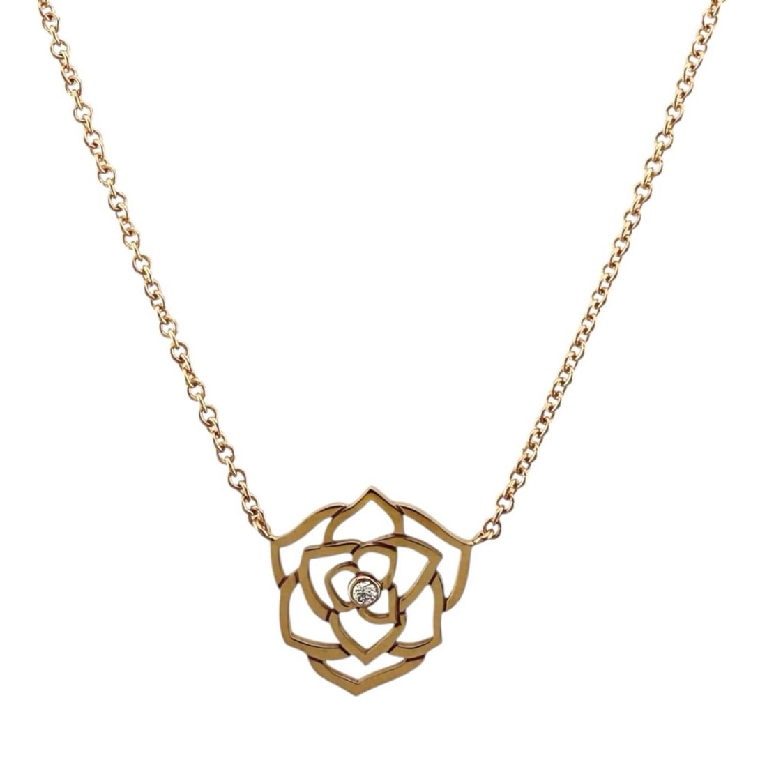 PIAGET NECKLACE K18 PINK GOLD DIAMOND ROSE: PIAGET Necklace K18 Pink Gold diamond Rose Brand: PIAGET Type: Necklace Material: K18 Pink Gold Main Stone Natural Color: Pink gold Size: Total Length:42cm Chain width:1.0mm Adjuster can position