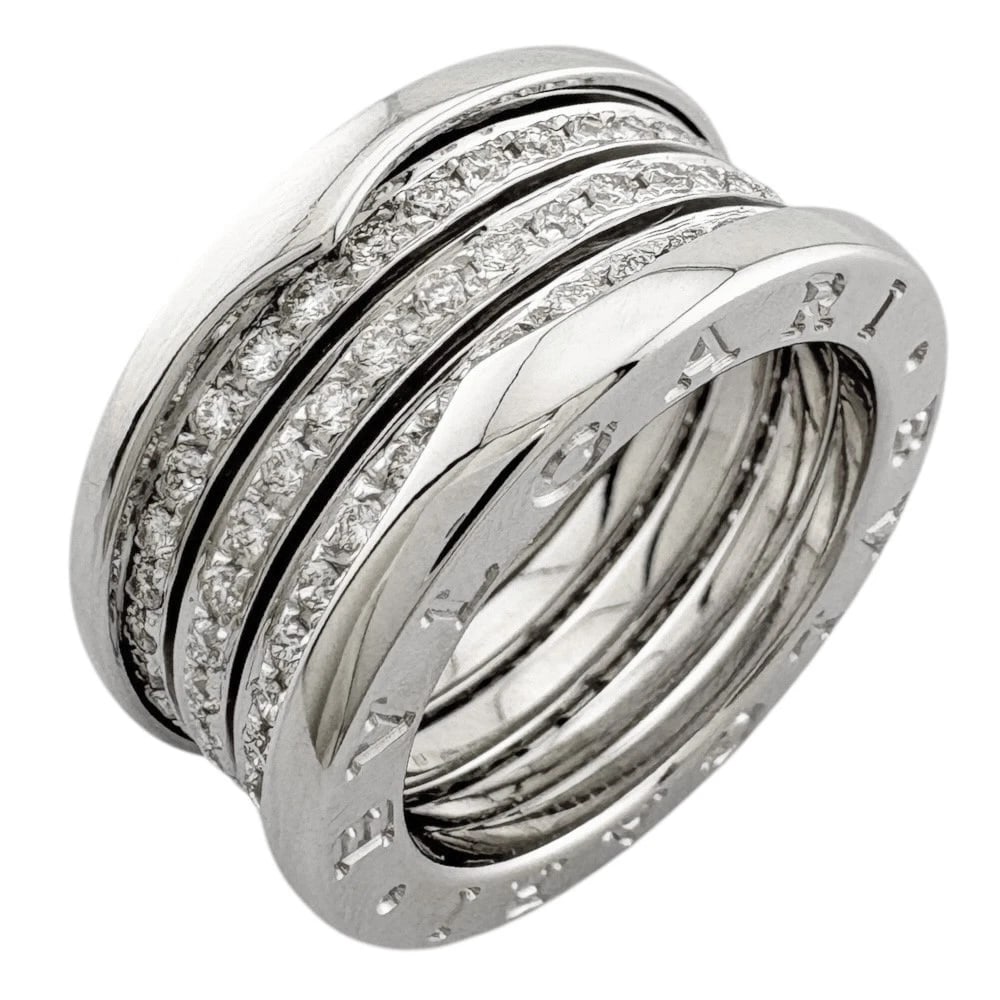 BVLGARI RING K18 WHITE GOLD DIAMOND: BVLGARI Ring K18 white gold diamond Brand: BVLGARI Type: Ring Material: K18 white gold Main Stone Natural Color: Silver Size: US 6 1/8 Accessories: None Accessories Notice: When purchasing
