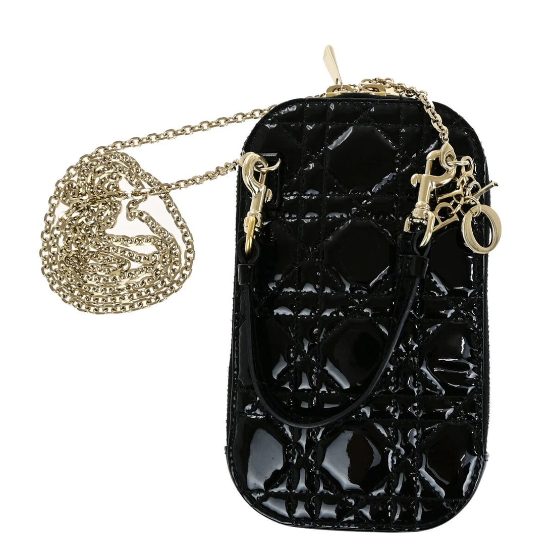CHRISTIAN DIOR LADY LOGO CANNAGE PHONE HOLDER PATENT LEATHER BLACK (1 of 11)