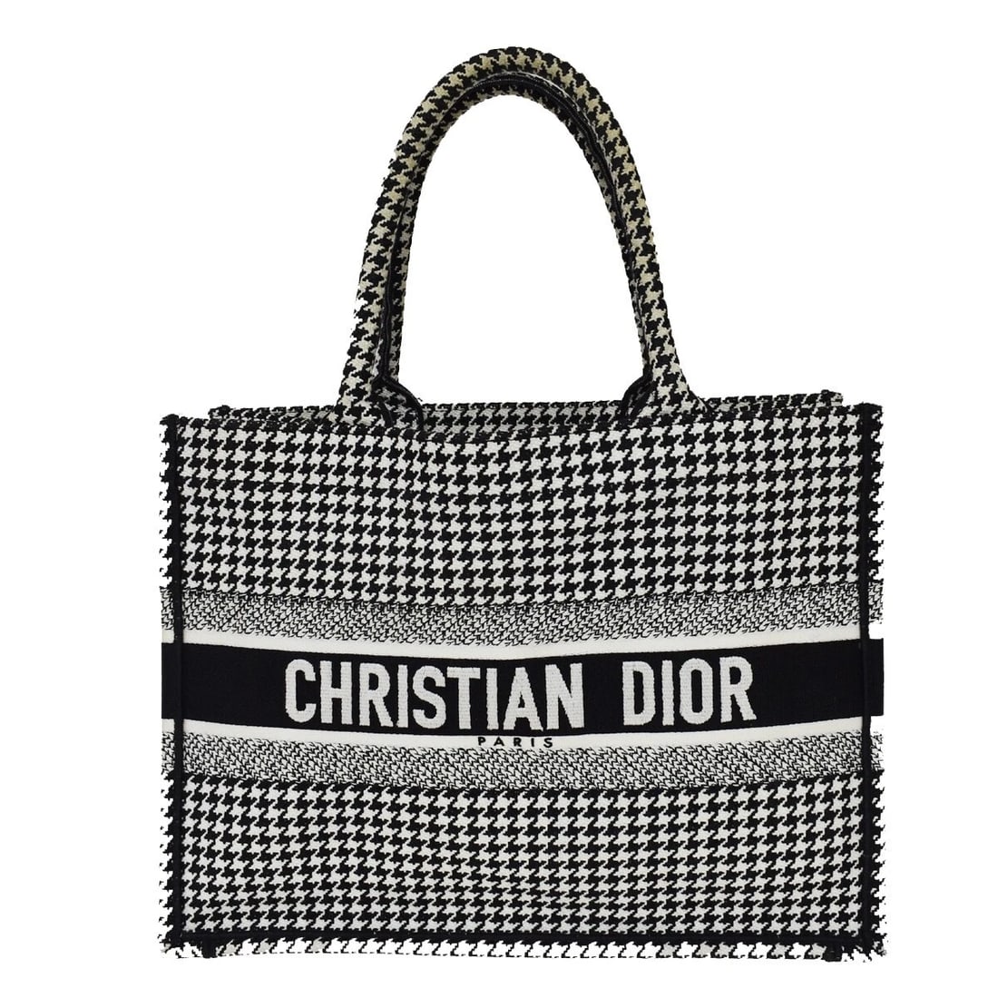 CHRISTIAN DIOR BOOK TOTE MEDIUM HAND BAG HOUNDSTOOTH CANVAS LEATHER: CHRISTIAN DIOR Book Tote Medium Hand Bag Houndstooth Canvas Leather Brand: Christian Dior Type: Hand Bag Material: Leather Canvas Color: Black Size: W 13.8 x H 10.2 x D 2.4 " (approx.) SHOULDER DR