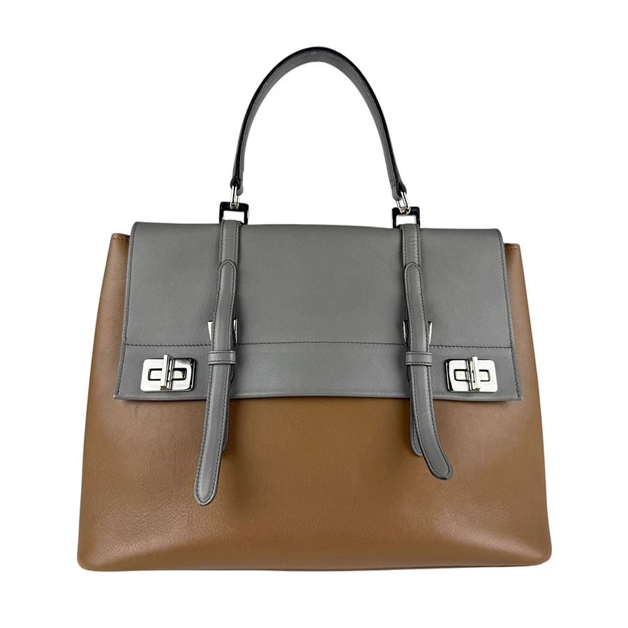 PRADA HANDBAG SHOULDER BAG BROWN/GREY LEATHER/SILVERTONE (1 of 12)