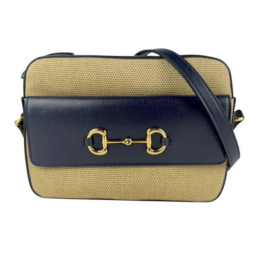 GUCCI HORSEBIT CROSSBODY SHOULDER BAG BEIGE BROWN/NAVY: GUCCI Horsebit Crossbody Shoulder Bag Beige Brown/Navy Brand: GUCCI Type: Crossbody Shoulder Bag Material: Canvas x Leather Color: Beige Brown/Navy Size: Size [inch] W:8.3inx H:6.7inx D:2.4in Shou
