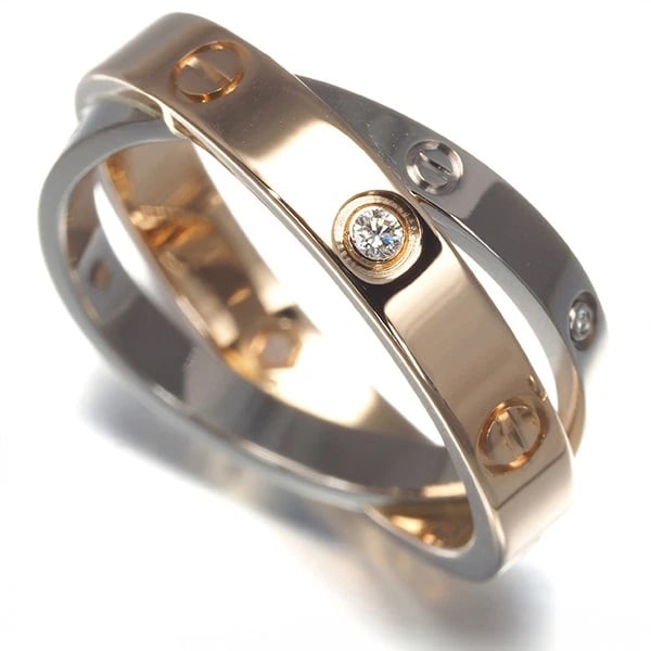 CARTIER RING DIAMOND BE LOVE: Cartier Ring Diamond Be Love Brand: Cartier Type: Ring Material: 18K / 750 / White Gold 18K / 750 / Rose Gold Main Stone Natural Color: Multi-Tone Gold Size: US6 - 6.25 Accessories: None