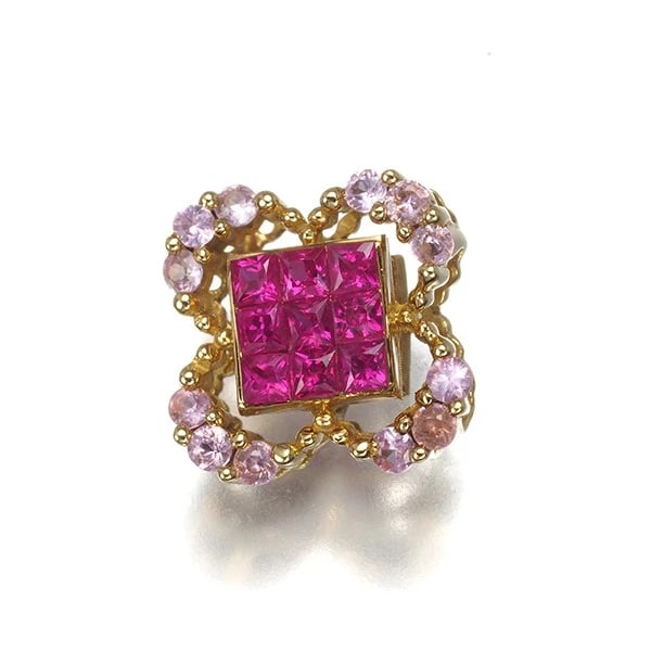 RUBY PINK SAPPHIRE PENDANT: Ruby Pink Sapphire Pendant Brand: Unbranded Type: Pendant Material: 18K / 750 / Yellow Gold Color: Yellow Gold Size: Design size: 11.7 x 11.7mm Accessories: None Accessories Notice: When
