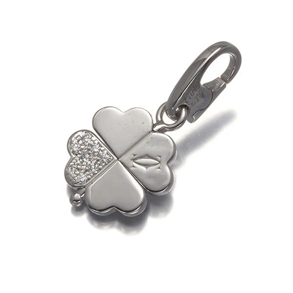 CARTIER PENDANT DIAMOND CLOVER FLIP CHARM: Cartier Pendant Diamond Clover Flip Charm Brand: Cartier Type: Pendant Material: 18K / 750 / White Gold Main Stone Natural Color: White Gold Size: Design size: 13.3 x 12.4mm Accessories: None