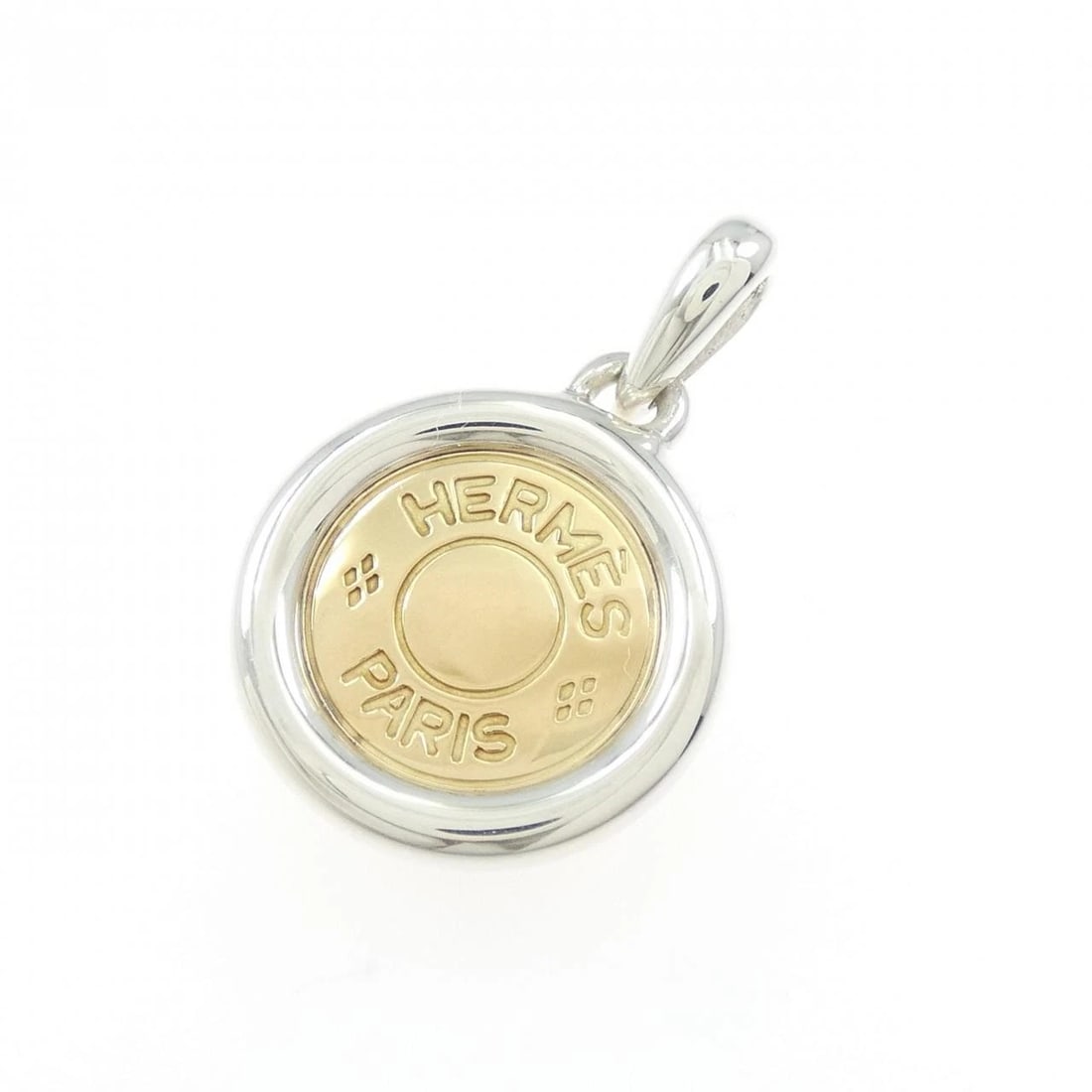 HERMES SELLIER PENDANT: HERMES Sellier Pendant Brand: HERMES Type: Pendant Brooch Material: Color: Silver+ Yellow Gold Size: ActualSize HxW: 30.2mmx19.6mm Accessories: None Accessories Notice: When purchasing