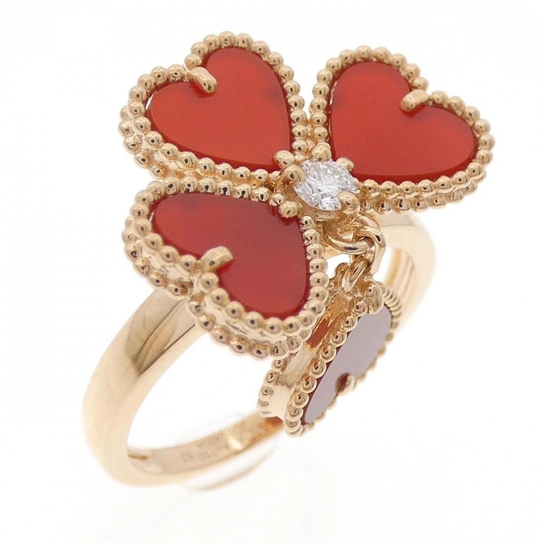 VAN CLEEF & ARPELS SWEET ALHAMBRA EFFEUILLAGE RING: Van Cleef & Arpels Sweet Alhambra Effeuillage Ring Brand: Van Cleef & Arpels Type: Ring Material: 750 Pink Gold Main Stone Carnelian Color: Pink Gold Size: 6.5-7 (US size) Accessories: None