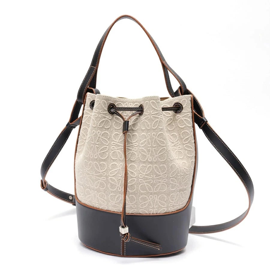 LOEWE BALLOON BAG MEDIUM SHOULDER BAG: Loewe Balloon Bag Medium Shoulder Bag Brand: Loewe Type: Bag Material: Canvas/Leather Color: Natural/Black Size: W21.5×H29.5×D16.5cm Accessories: None Accessories Notice: When purchasing