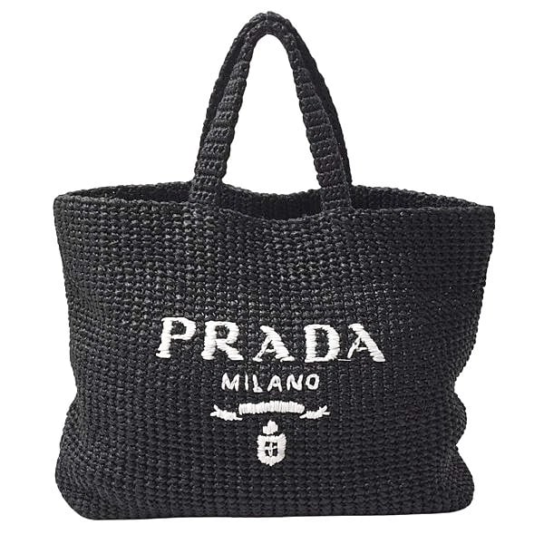 PRADA LOGO TOTE BAG, RAFFIA WICKER, BLACK (1 of 10)