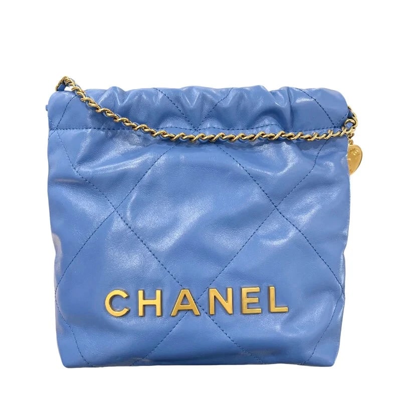 CHANEL 22 MINI BLUE GHW CALF SHOULDER BAG: CHANEL 22 Mini Blue GHW Calf Shoulder Bag Brand: CHANEL Type: Handbag Material: Calf Color: Blue/GD Hardware Size: W: 18cm / H: 19cm / D: 6cm / Shoulder: 115cm Accessories: None Accessories
