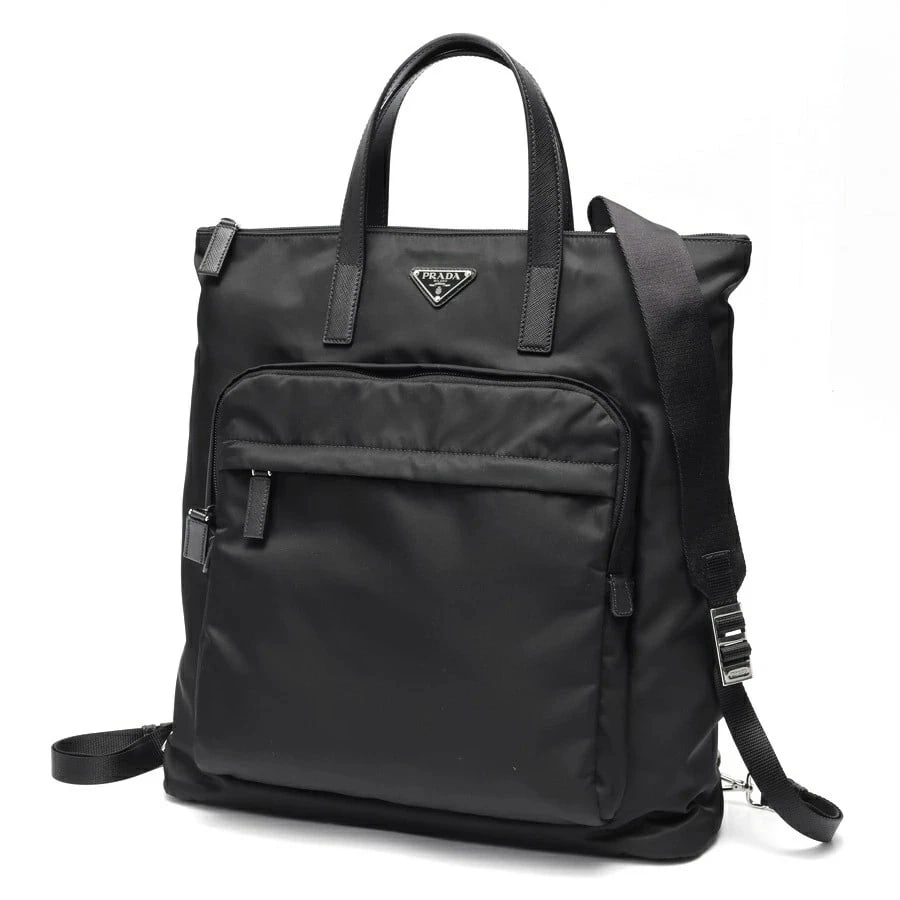 PRADA RE-NYLON X SAFFIANO TOTE BACKPACK: Prada Re-Nylon x Saffiano Tote Backpack Brand: Prada Type: Bag Material: Nylon Color: Black Size: W38×H42×D10cm Accessories: None Accessories Notice: When purchasing pre-owned goods, please