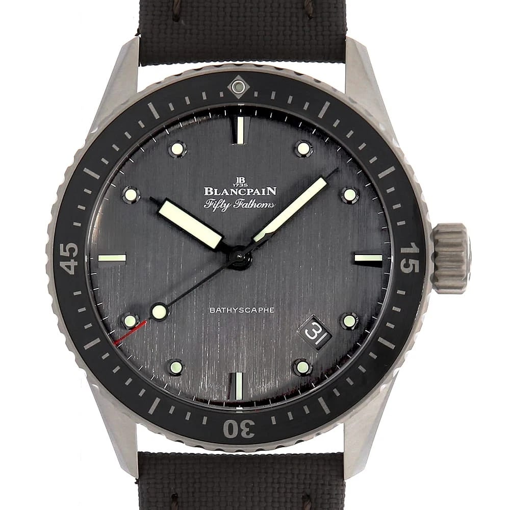 BLANCPAIN FATHOMS BATIS CALFSKIN WATCH: BLANCPAIN Fathoms Batis Calfskin Watch Brand: BLANCPAIN Type: Wrist watch Material: Band Material fabric, Case Material Titanium Color: Dial Color Gray Size: Band Size none, Case Size Case:W43mm