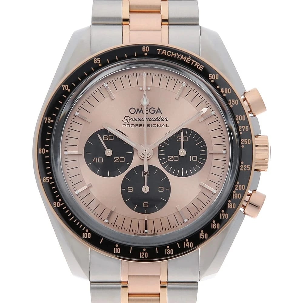 OMEGA SPEEDMASTER MOON WATCH PROFESSIONAL WATCH: OMEGA Speedmaster Moonwatch Professional Watch Brand: OMEGA Type: Wrist watch Material: Band Material Stainless Steel/Sedna Gold, Case Material Stainless Steel Color: Dial Color Pink and Black Siz