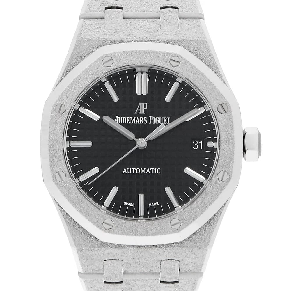AUDEMARS PIGUET ROYAL OAK FROSTED GOLD WATCH: AUDEMARS PIGUET Royal Oak Frosted Gold Watch Brand: AUDEMARS PIGUET Type: Wrist watch Material: Band Material White Gold, Case Material White Gold Color: Dial Color Black Size: Band Size 16.5cm (6