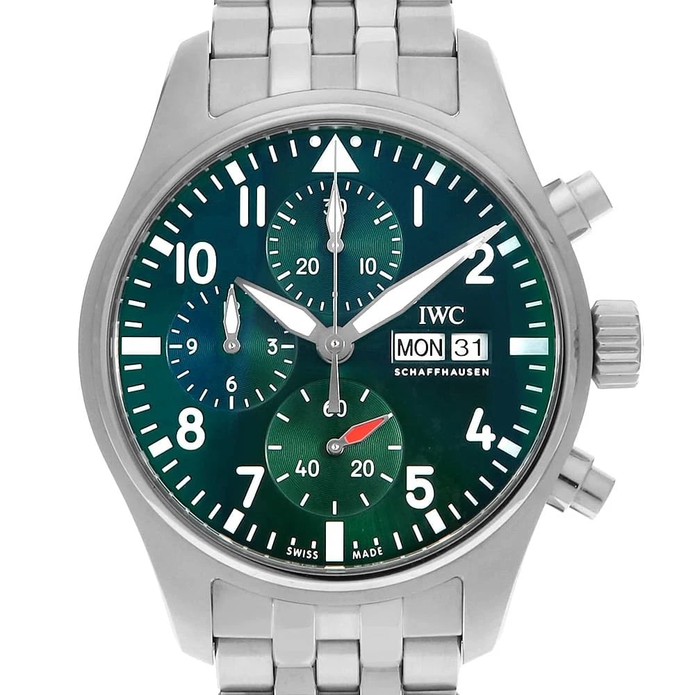 IWC PILOT WATCH CHRONOGRAPH WATCH: IWC Pilot watch chronograph Watch Brand: IWC Type: Wrist watch Material: Band Material Stainless Steel, Case Material Stainless Steel Color: Dial Color Green Size: Band Size 17.5cm (6.9inch), Case
