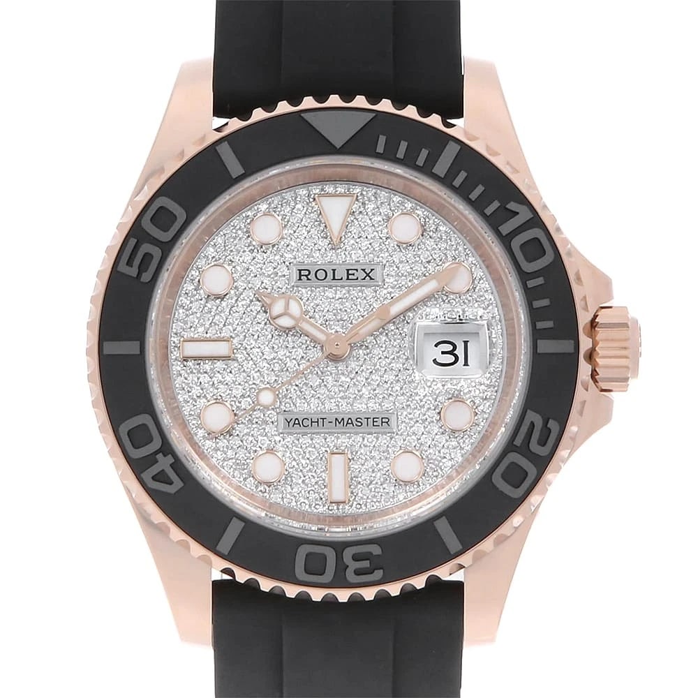 ROLEX YACHT-MASTER PAVE DIAMOND WATCH: ROLEX Yacht-Master Pave Diamond Watch Brand: ROLEX Type: Wrist watch Material: Band Material rubber, Case Material Everose Gold Color: Dial Color Diamonds Size: Band Size 18cm (7.1inch), Case Size