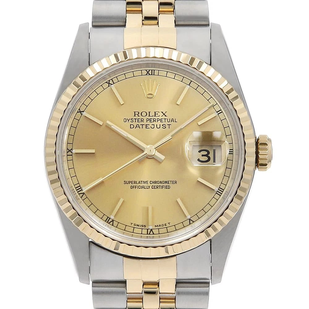 ROLEX DATEJUST CHAMPAGNE WATCH: ROLEX Datejust Champagne Watch Brand: ROLEX Type: Wrist watch Material: Band Material Stainless Steel/Yellow Gold, Case Material Stainless Steel Color: Dial Color Champagne Gold Size: Band Size 18