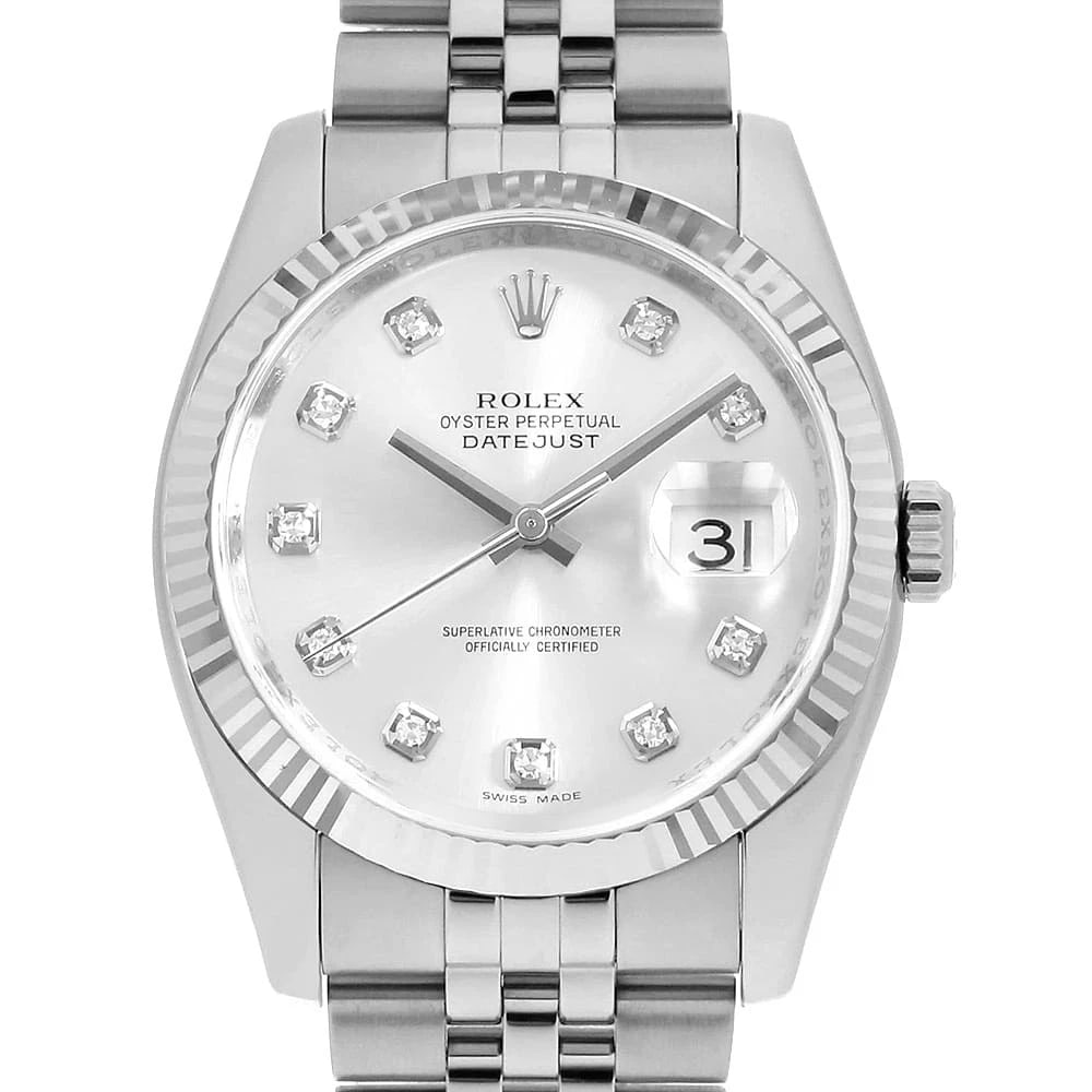 ROLEX DATEJUST DIAMOND SILVER WATCH: ROLEX Datejust Diamond Silver, Watch Brand: ROLEX Type: Wrist watch Material: Band Material Stainless Steel, Case Material Stainless Steel Color: Dial Color Silver Size: Band Size 18cm (7.1inch),